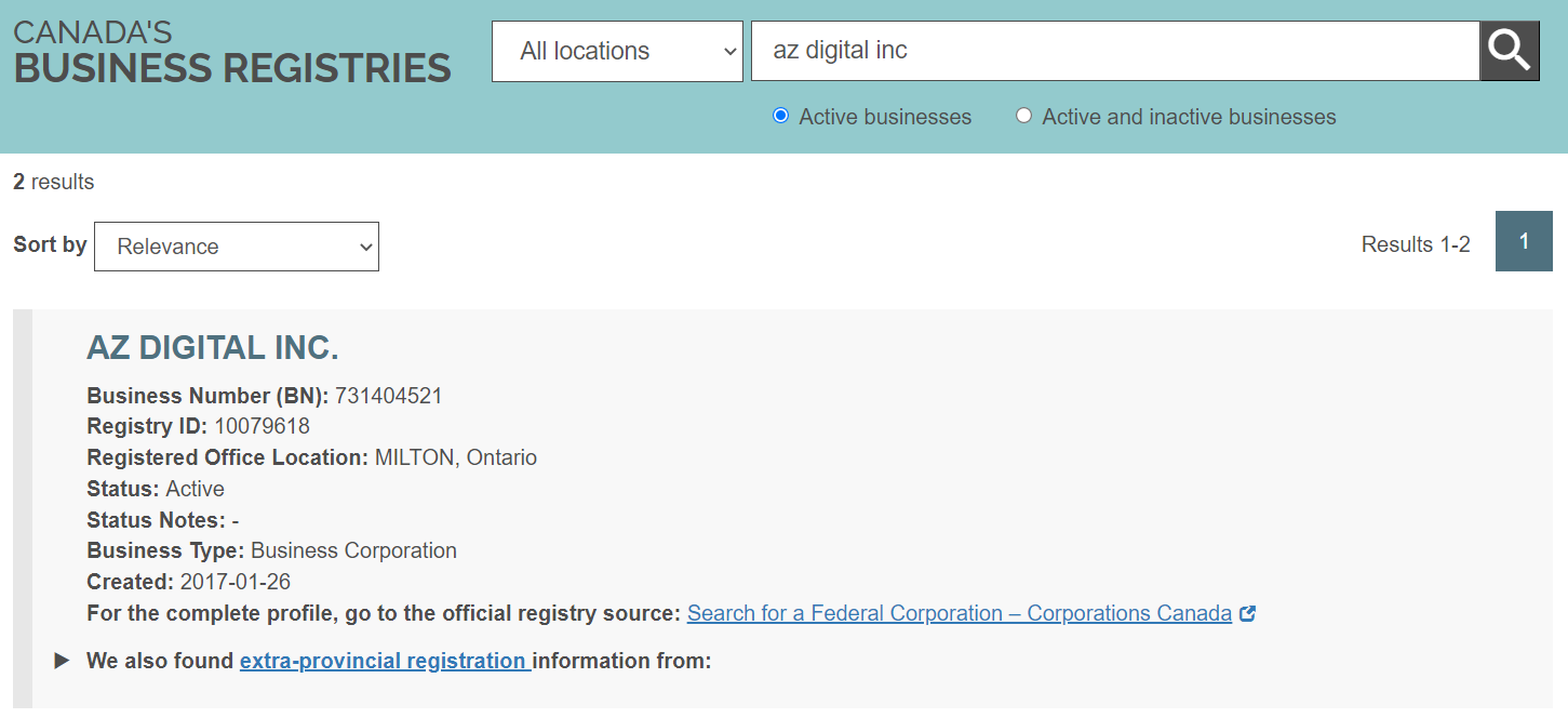 Canada Business Registries Screenshot for AZ Digital Inc.